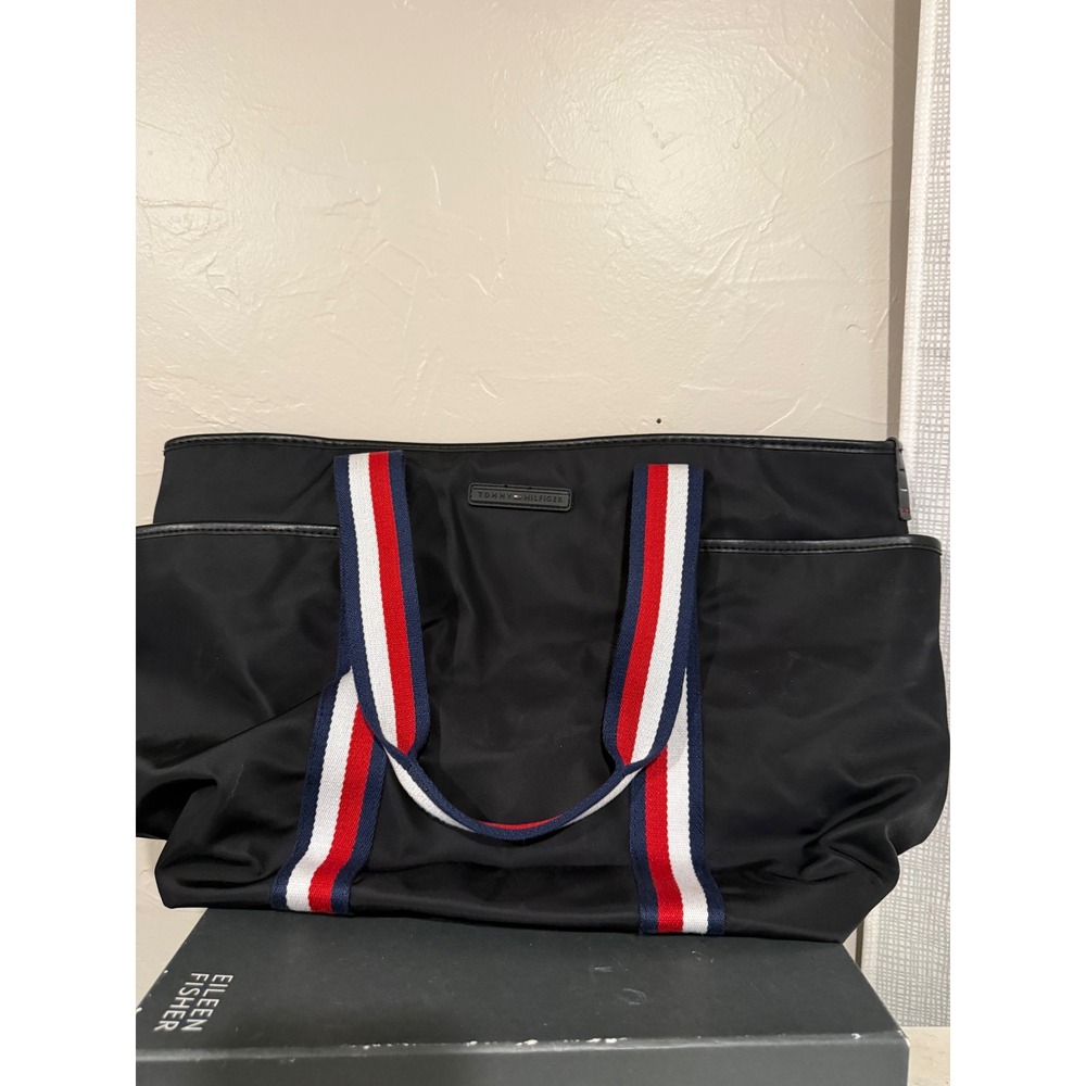 Tommy Hilfiger Tote Bag Women Large Black Excellent Nylon Striped Straps